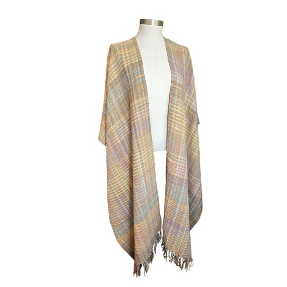 Laise Adzer Handwoven Plaid Cape Shawl Pastel Tan Multicolor Ribbon CM2057 - Picture 4 of 11